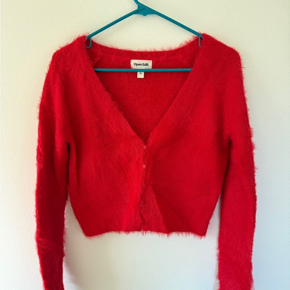 Open Edit Women's Vibrant Red Fuzzy Cardigan